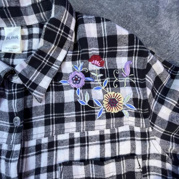 Blair Womens 2XL Plaid Flannel Shirt Floral Embroidered Western Boho Fall Top - Picture 3 of 12